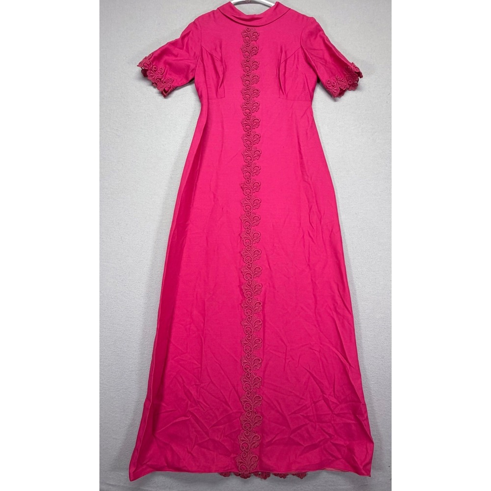 Sylvia Ann Women Maxi Dress A-Line Hot Pink Lace Trim Vintage Size 10